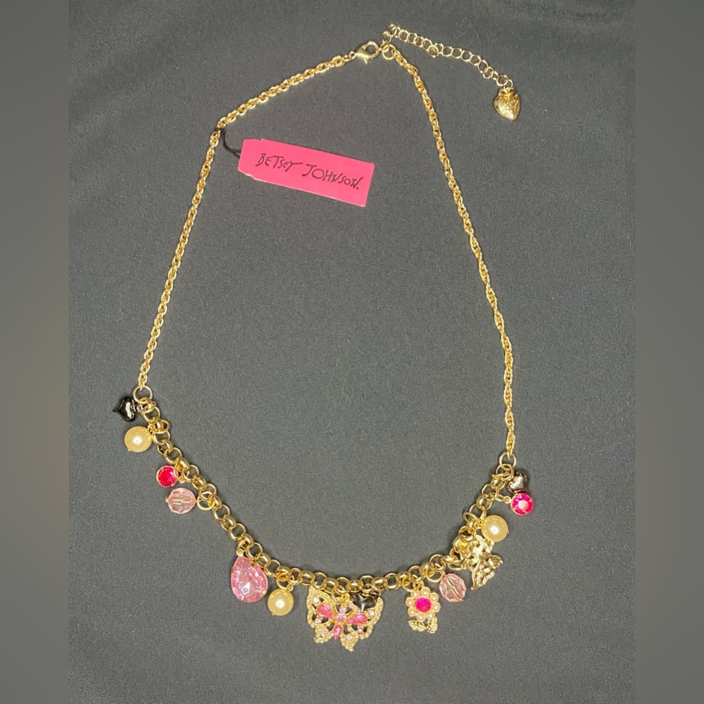 NWT Betsey Johnson Pink and Gold Butterfly Charm Necklace
